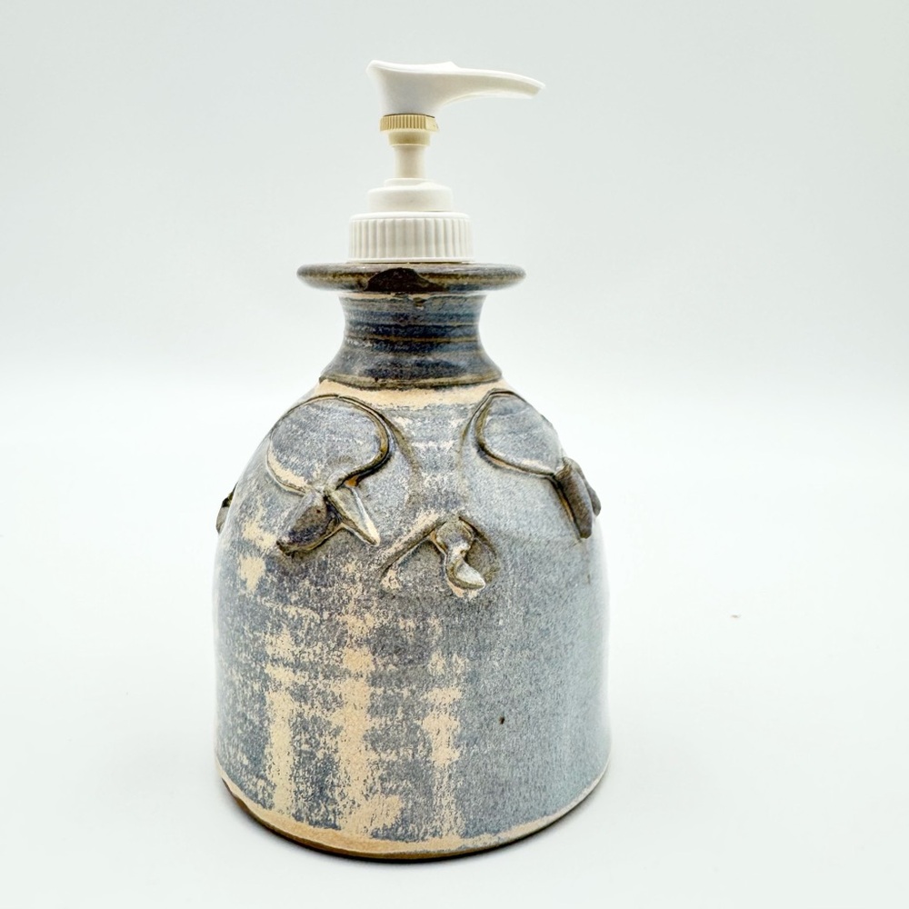 Beautiful Hand thrown Studio Pottery Soap or Lotion Dispenser Blue Beige Rustic